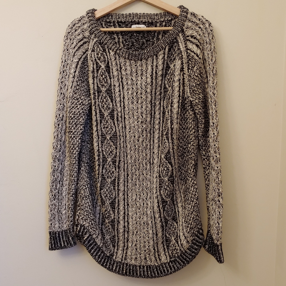 L.L. Bean Marled Black and Cream Cable Knit Scoop Neck Sweater